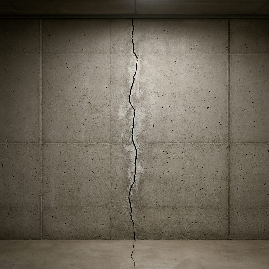 Cracked concrete foundation wall before repair