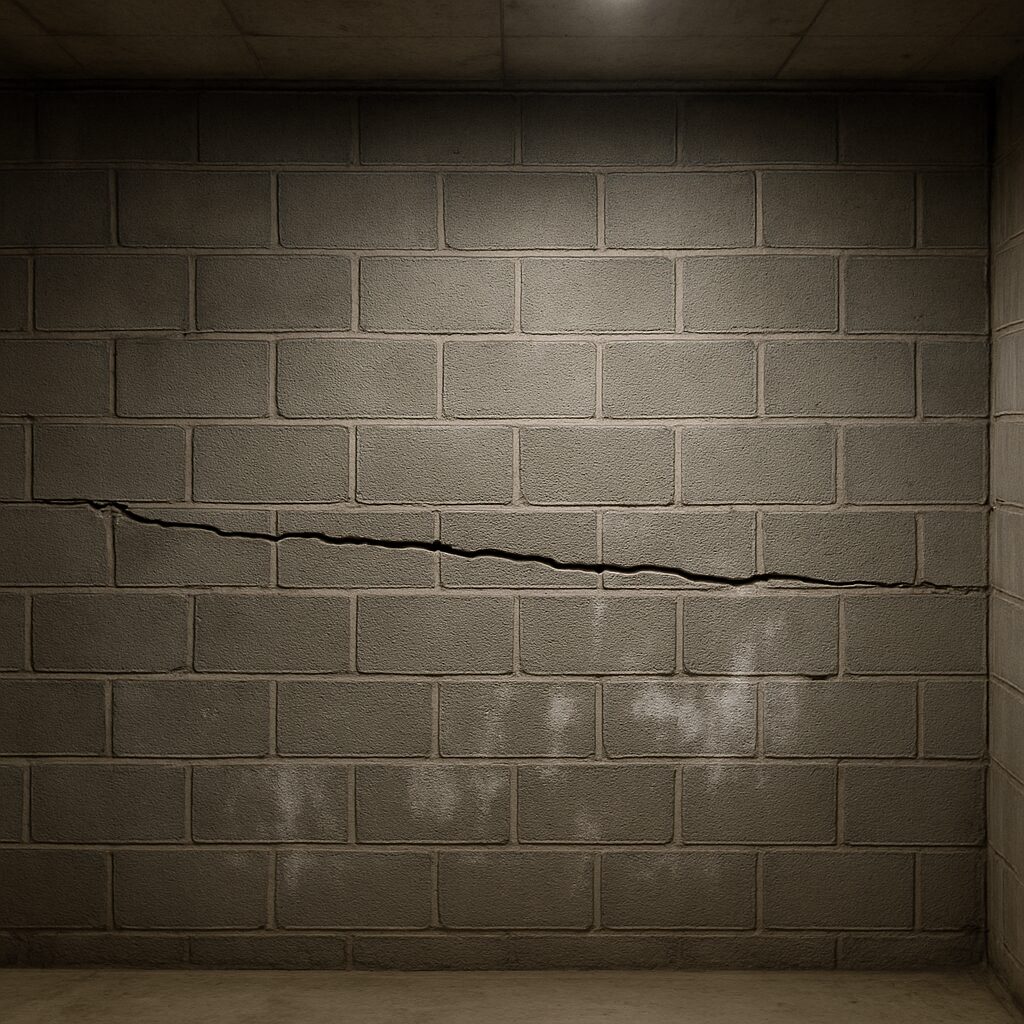 Bowing basement block wall with horizontal crack before reinforcement
