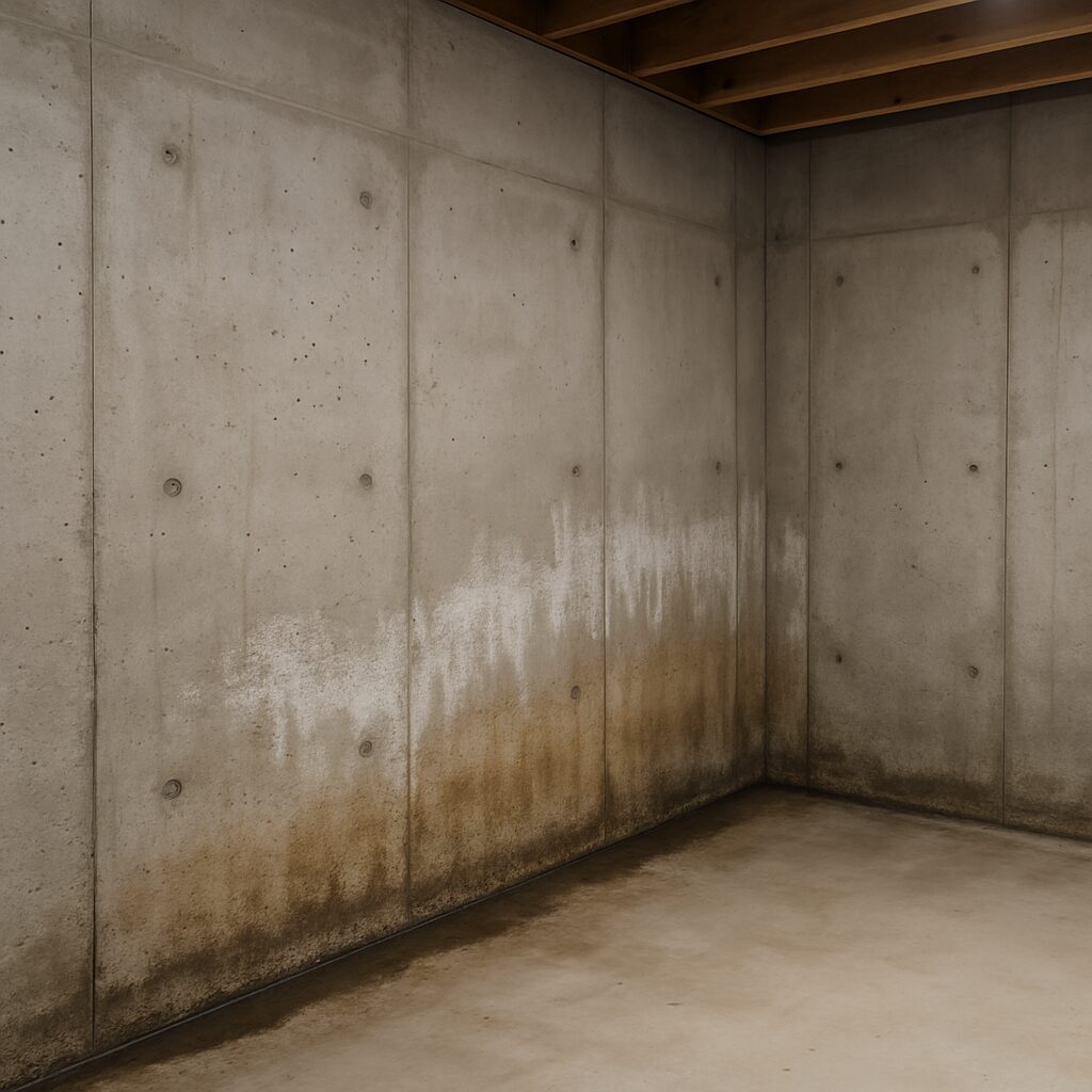 Basement water damage with efflorescence before waterproofing